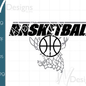 May include: Black and white graphic design featuring the word "BASKETBALL" with a basketball graphic underneath. The basketball graphic is a stylized design of a basketball with a net.