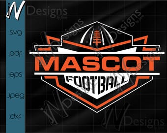 May include: A black and orange football mascot design with the words "MASCOT FOOTBALL" in bold letters. The design includes a football graphic and geometric shapes. The image also includes file type options: SVG, PDF, EPS, JPEG, and DXF.