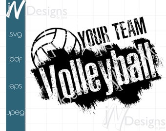 Puede incluir: Diseño gráfico en blanco y negro con un balón de voleibol y el texto "Your Team Volleyball" en una fuente desgastada.