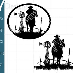 Cowboy Silhouette SVG. Windmill Silhouette EPS. Western Digital File. Ranch Horizon. Horse and Rider PDF.