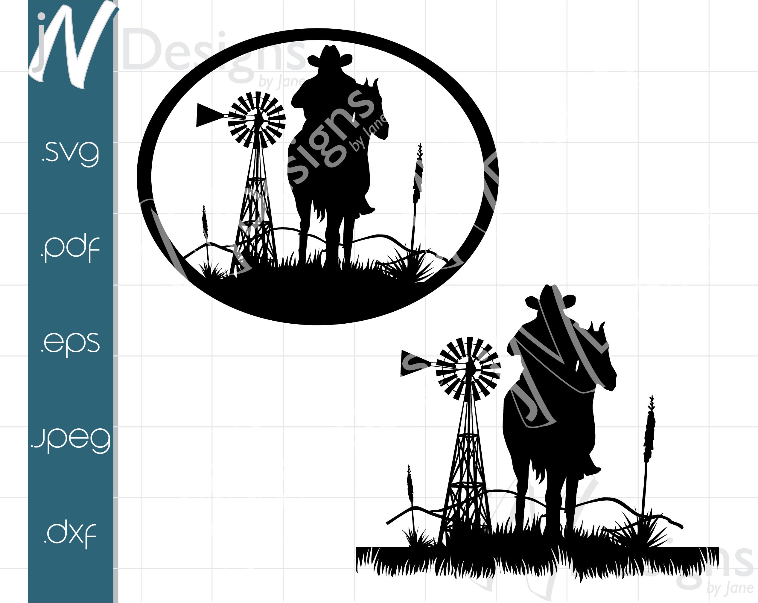 Cowboy Silhouette SVG. Windmill Silhouette EPS. Western Digital File. Ranch Horizon. Horse and Rider PDF.