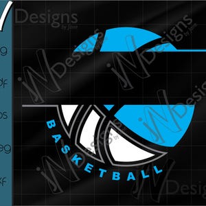 May include: A black and white basketball graphic with the word "BASKETBALL" written in a black arc around the ball. The basketball is partially covered by a blue circle.
