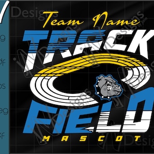 Puede incluir: Un diseño digital con las palabras "Track Field" en azul y blanco, y un óvalo de pista amarillo y blanco. El diseño incluye una mascota de bulldog y las palabras "Team Name" y "Mascot" en amarillo.