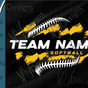 Op de afbeelding: Een zwart en geel softball-ontwerp met de tekst "TEAM NAME SOFTBALL".