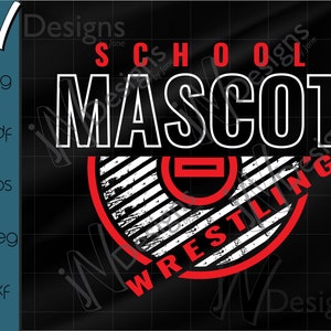 May include: Black and white graphic design with red accents. The design features a wrestling mat with the words "School Mascot Wrestling" in a circle around it.