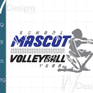 May include: A digital graphic design featuring a volleyball player in action, with the words "SCHOOL MASCOT VOLLEYBALL YEAR" in blue and black. The design includes a volleyball net and a volleyball.