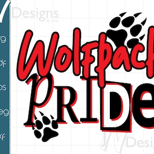 May include: Black and red graphic design with the text "Wolfpack Pride" and two black paw prints.