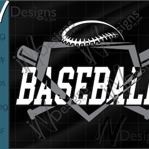 May include: A white baseball graphic with crossed bats and the word "BASEBALL" in white text. The graphic is on a black background.