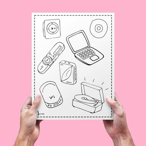 May include: A hand-drawn illustration of various electronic devices, including a laptop, CD, MP3 player, remote control, and a record player. The devices are outlined in black on a white background, held against a pink backdrop.