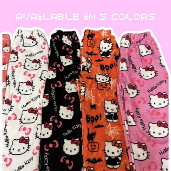 Cartoon Hello Cat Fleece Pajama Pants Soft Trousers Women Casual Home Trousers Kawaii Birthday Gift Anime