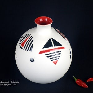 Porcelain ball vase, handmade, black and red symbols, Beate Selbiger