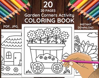 Könnte beinhalten: Ein Malbuch mit dem Titel "Garden Corners Activity Coloring Book" und dem Text "20 Seiten". Das Buch zeigt Strichzeichnungen von Gartenszenen, darunter Blumen und ein Haus. Farbstifte sind um das Buch herum angeordnet.