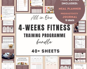 Programme d'entraînement physique de 4 semaines, outil de suivi de la perte de poids, BUNDLE, planificateur d'entraînements, journal de remise en forme, planificateur de productivité, planificateur de repas, suivi