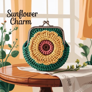 May include: A green crocheted coin purse with a yellow sunflower design. The purse has a metal clasp and is sitting on a wooden table with a white tablecloth.