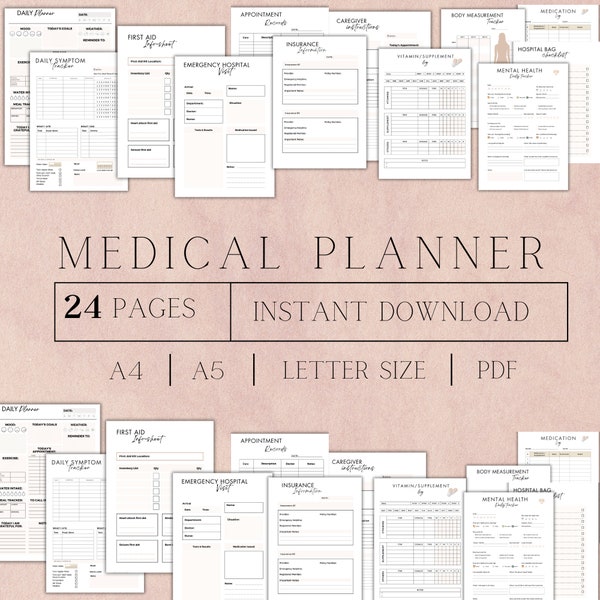 Medical Planner Printable | Health Care Planner Binder | Wellness Journal | Medication Tracker PDF | Emergency Tracker | Self-care A5, A4