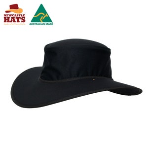 May include: A black wide-brimmed hat with a slightly pointed crown. The hat is made of a sturdy fabric and has a black trim around the brim.