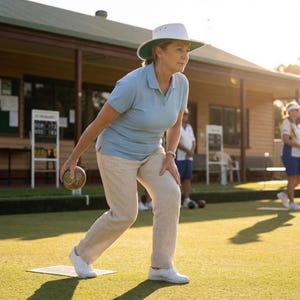 Op de afbeelding: Een lichtblauw poloshirt, een beige broek en een witte hoed met brede rand en een groene onderkant. De kleding wordt gedragen tijdens het vasthouden van een bruine lawn bowl op een grasveld, met een scorebord en een gebouw op de achtergrond.