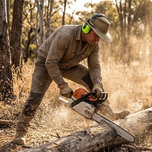 Pode incluir: Uma pessoa opera uma motosserra STIHL laranja e prateada, cortando um tronco em um ambiente florestal. A pessoa est&aacute; usando chap&eacute;u, protetores de ouvido, luvas e roupas de trabalho. Serragem voando no ar.