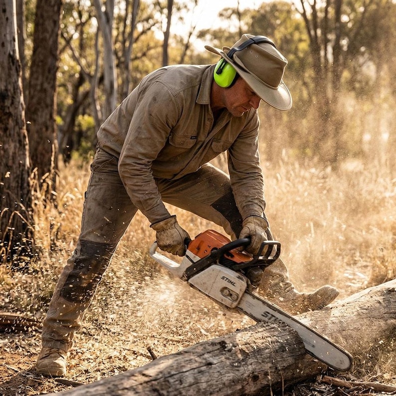 Pode incluir: Uma pessoa opera uma motosserra STIHL laranja e prateada, cortando um tronco em um ambiente florestal. A pessoa est&aacute; usando chap&eacute;u, protetores de ouvido, luvas e roupas de trabalho. Serragem voando no ar.