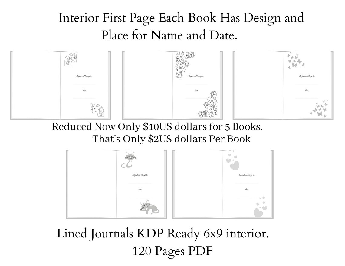 5 Amazon KDP Interior Bundle Lined Journal 6x9 Inches with Bleed 120