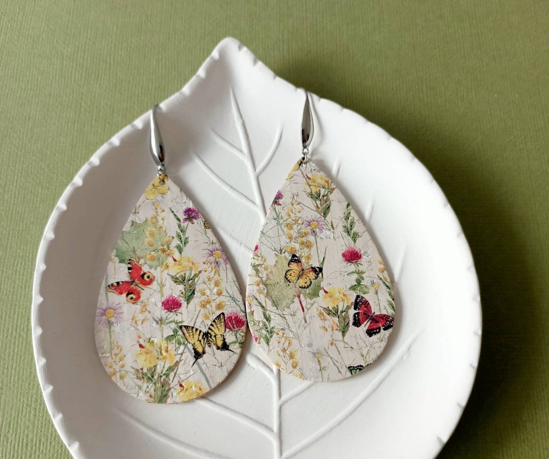 Cork Fabric Teardrop Earrings. 316 Grade Stainless Steel Hypoallergenic