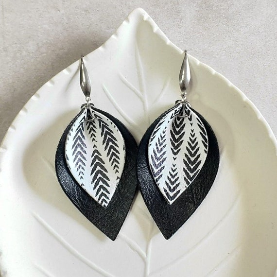 Geometric Vegan Leather Earrings Faux Leather Leaf Shaped Vegan