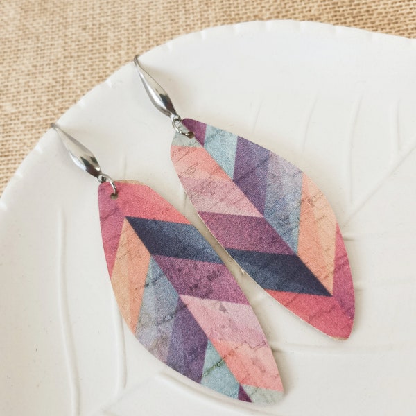 Cork fabric chevron leaf shaped earrings. 316 grade stainless steel hypoallergenic hooks. Vegan friendly earrings. Statement earrings.