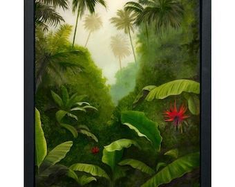 Original Tropical Oil Painting with Resin Finish – Framed Jungle Wall Art, Botanical Canvas Artwork