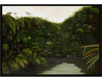 Original Oil Painting, Framed Tropical Rainforest Landscape, Green Jungle Wall Art, Extra Large Canvas