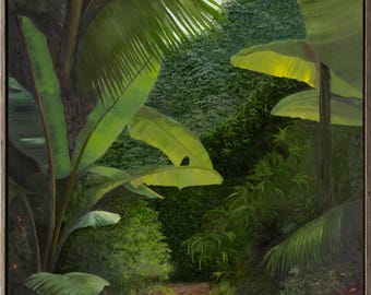 Original Rainforest Oil Painting - Tropical Jungle Landscape, Framed Green Nature Wall Art