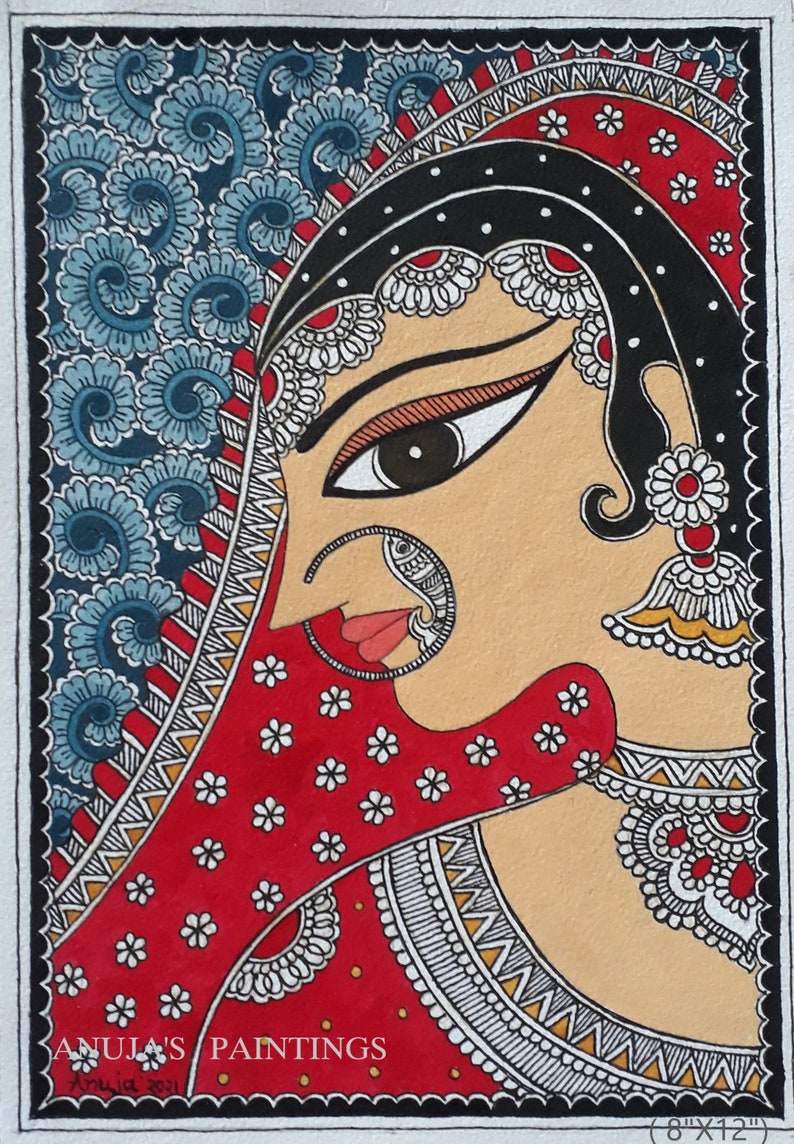 Original Madhubani Painting Madhubani Bride 100% handpainted Acrylic colours on handmade paper for home decor A4(8"x12")paper