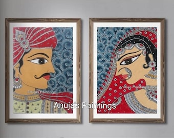 original madhubani painting   Bride and Groom   handpainted Acrylic colours on handmade paper for home decor