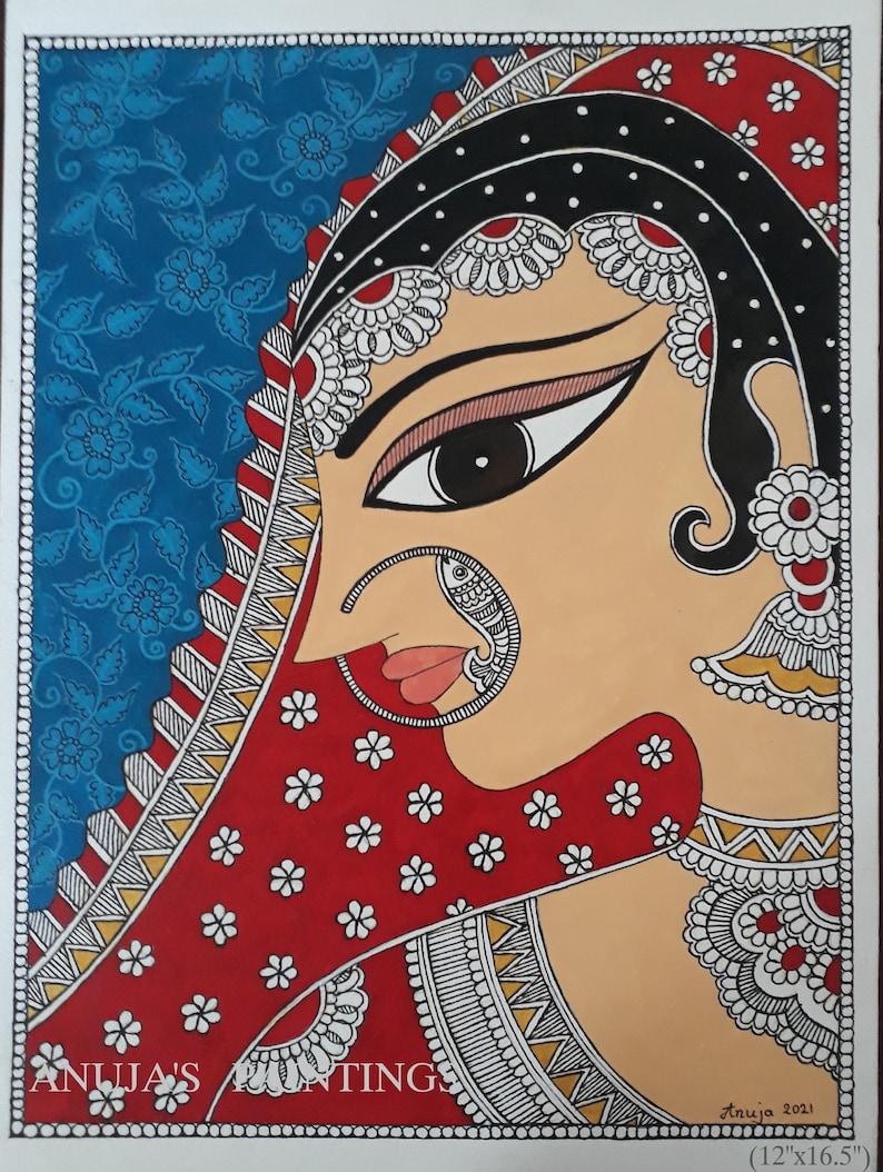 Original Madhubani Painting Madhubani Bride 100% handpainted Acrylic colours on handmade paper for home decor A3(12"x16.5")  paper