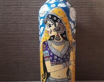 100% original handpainted madhubani painting on bottle