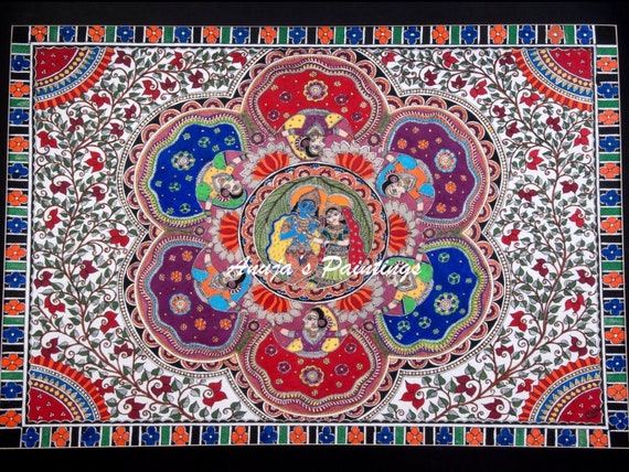 Original Madhubani Painting "Raasleela "  handpainted Acrylic colours on  handmadepaper for home decor
