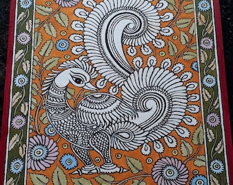 Peacocks in kalamkari style,100% original, handpainted.