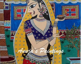 Original  Indian Beauty  in Madhubani style handpainted Acrylic colours on  handmadepaper for home decor