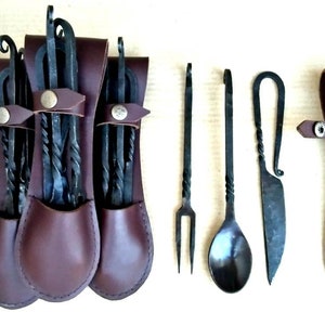 Viking Traders Medieval Cutlery Set (Lot of 5 Set) Hand Forged Medieval Kitchen Set Spoon, Knife, Fork