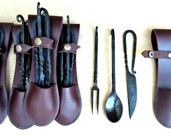 Viking Traders Medieval Cutlery Set (Lot of 5 Set) Hand Forged Medieval Kitchen Set Spoon, Knife, Fork