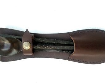 Medieval Cutlery Set with genuine leather cover Hand forged medieval kitchen set Spoon, Knife, Fork