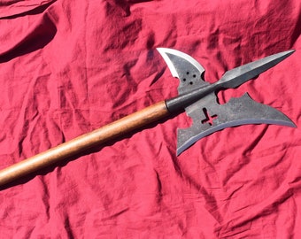 18th Century Medieval hand Forged Halberd With One Side Blade and Curved Spike on the other side. With Wooden Handle.