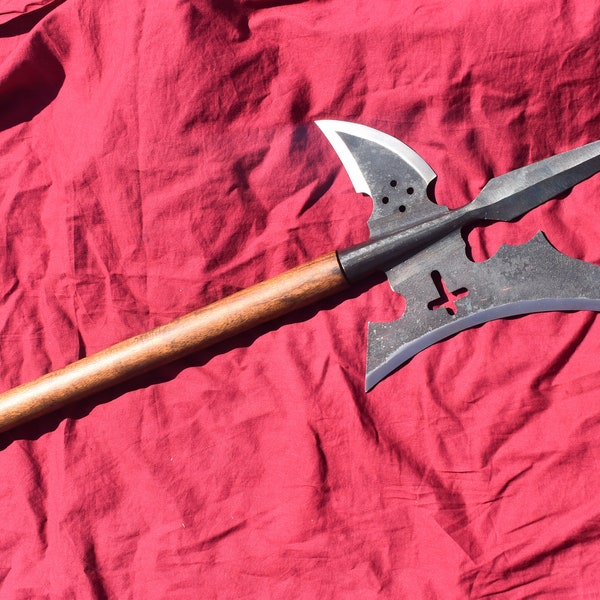 18th Century Medieval hand Forged Halberd With One Side Blade and Curved Spike on the other side. With Wooden Handle.