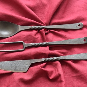 Medieval Cutlery Set  - Spoon, Fork, and Knife Hand Forged Dinner Set Medieval Viking Cutlery With Sued pouch