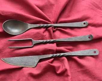 Medieval Cutlery Set  - Spoon, Fork, and Knife Hand Forged Dinner Set Medieval Viking Cutlery With Sued pouch