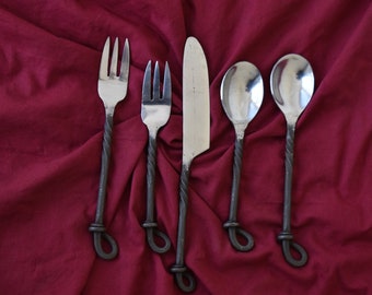 Set Posate Medievali Vichinghe - Coltello, Forchetta, Cucchiaio In Acciaio, Decorativo - Foto 6