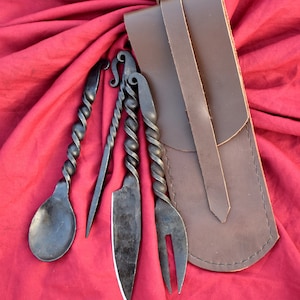 Medieval Hand-forged cutlery Set with Leather Pouch