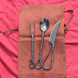 Hand Forged Medieval Cutlery Set with Suede Pouch- Historical Elegance for Your Table.