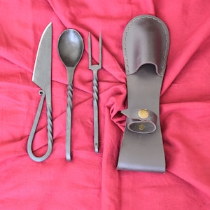 Hand Forged Medieval Cutlery Set With Genuine Leather Cover. Fork, Knife, Spoon, With Shoes design Cover.
