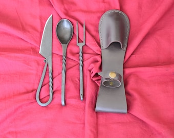 Hand Forged Medieval Cutlery Set With Genuine Leather Cover. Fork, Knife, Spoon, With Shoes design Cover.