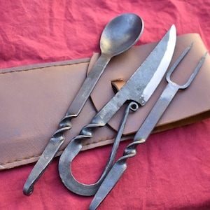 Hand Forged Medieval Iron Cutlery Set With Leather Pouch.